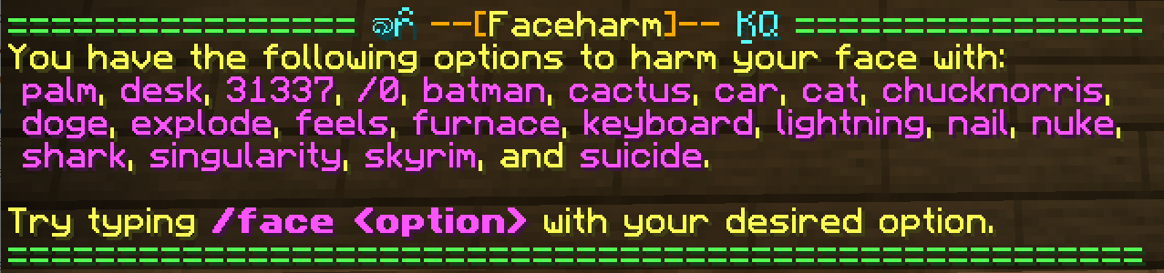 Example screenshot of the Faceharm help command