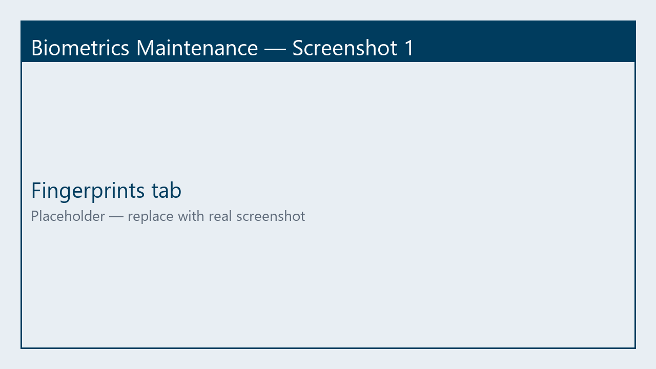 Placeholder screenshot of Biometrics Maintenance fingerprints tab