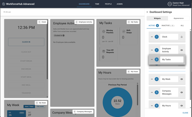 WorkforceHub Dashboard settings panel showing widget layout options
